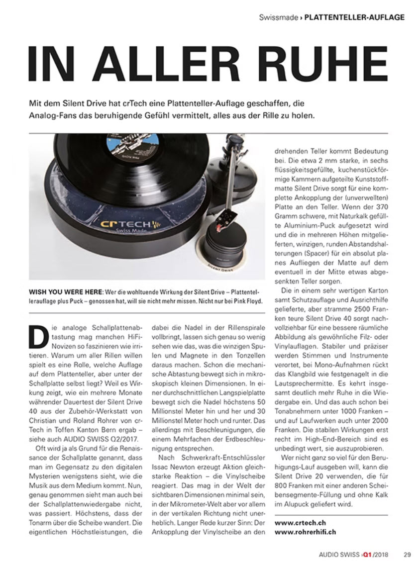 Mit dem Silent Drive hat crTECH eine Plattentelller-Auftage geschaffen, die Analog-Fans das beruhigende Gefühl vermitteln, alles aus der Rille zu holen.